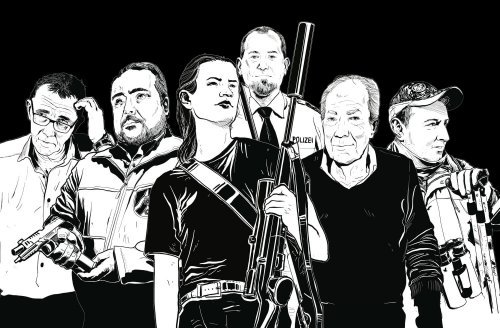 Titelbild Schwarzweisse Illustration Waffenbesitzer Waffenbesitzerin Protagonisten aus Datenreportage